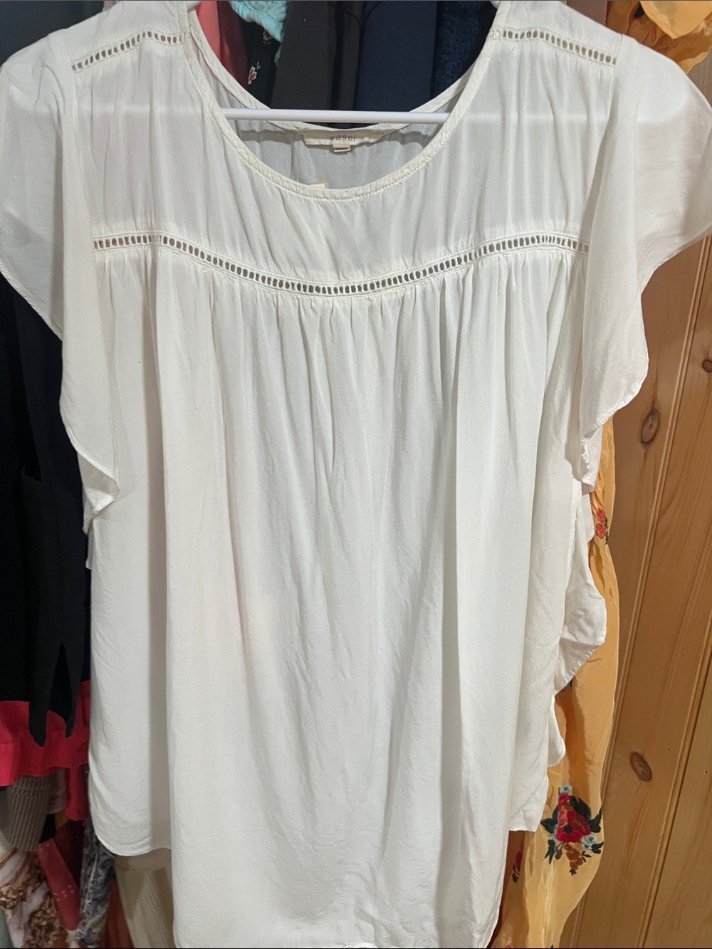 easel White Short-Sleeve Eyelet Yoke Blouse